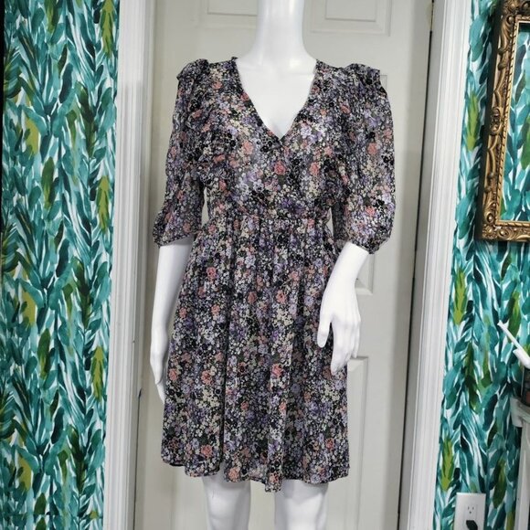 Noella Whimsy Fluttery Twee Ruffle Velvet Burnout Faux Wrap Sheer Dress S - Picture 5 of 13